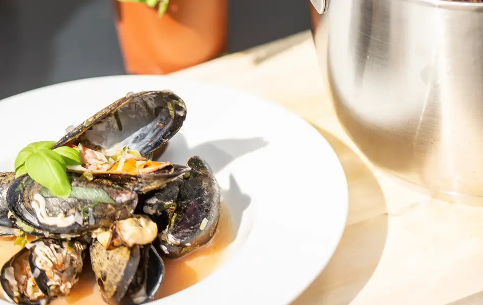 Blåskjell i gryte og i en tallerken med basilikum i bakgrunnen