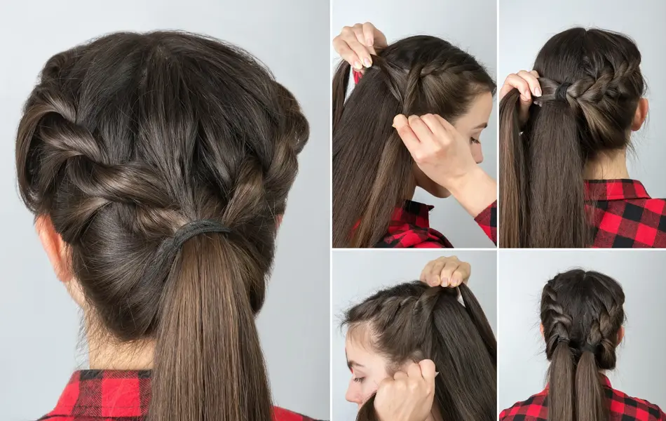 simple twisted hairstyle tutorial step by step. Easy hairstyle for long hair. Pony tail with braid. Hair tutorial