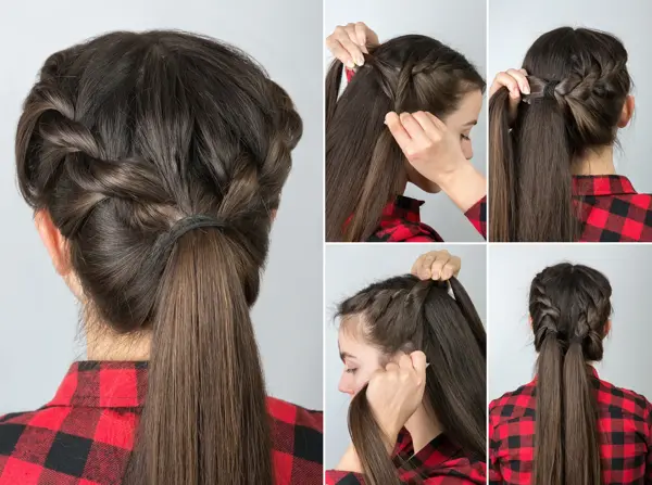 simple twisted hairstyle tutorial step by step. Easy hairstyle for long hair. Pony tail with braid. Hair tutorial