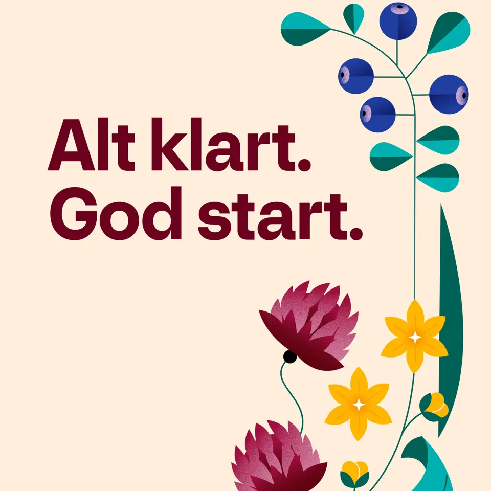 Grafisk bilde av blomsterdekor og teksten Alt klart. God start