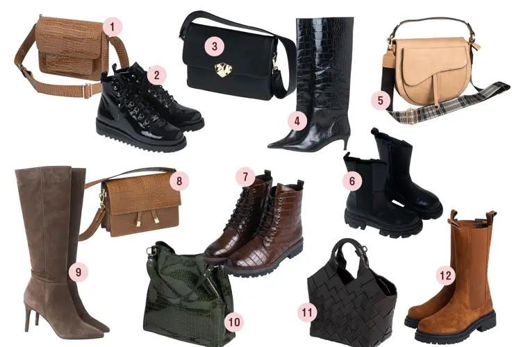 1.Veske fra Hvisk/Message, kr 899,-// 2.Boots fra Iki-Kai/Companys, kr 2599 // 3.Veske fraRizzo/Morris, kr 1699,-// 4.Boots fra Custommade/More Than Shoes, kr 3999,-// 5.Veskefra Lycke/Condo, kr 599,-// 6.Boots fra Roots/Grændsens Skotøimagazin, kr 1699,-// 7.Boots fra Marco Tozzi/Skoringen, kr 899,-// 8.Veske fra 7 Days/Ny & Ne, kr 1199,-// 9.Boots fra Bianco, kr 1500,-// 10.Veske fra Beck Søndergaard/More Than Shoes, kr 999,-//11.Veske fra Cala Jade/ Me & My Cousin, kr 5000,-// 12.Boots fra KMB/Ny & Ne, kr 1699
