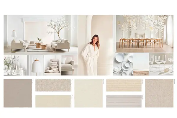 Kollasje fra Bolia i lyse toner med interiør og detaljer.