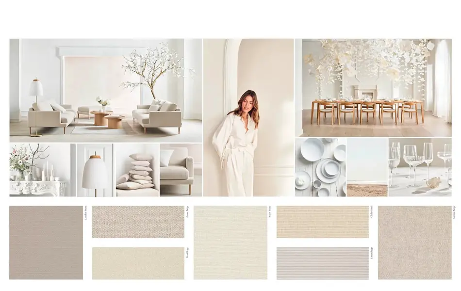 Kollasje fra Bolia i lyse toner med interiør og detaljer.