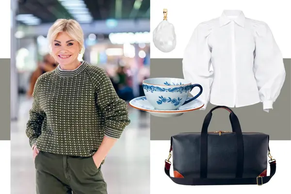Personal shopper Marianne Stene i grønn islender, saltvannsperle-anheng, linbluse, kaffekopp og skål og Mulberry weekendbag