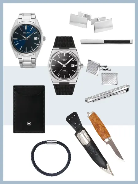 Klokke mansjettknapper i sølv, slipsnål, klokke med sort reim, sett med mansjettknapper og slipsnål, kortholder, armbånd i skinn, bunadskniv