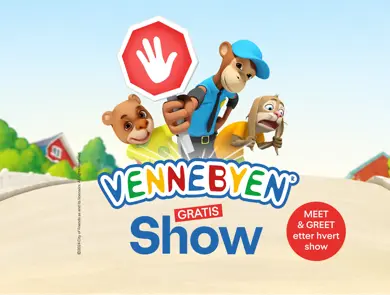 Vennebyen logo med tekst "gratis show" sammen med figurene fra Vennebyen

