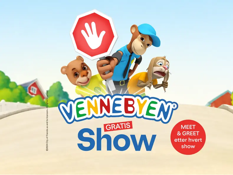Vennebyen logo med tekst "gratis show" sammen med figurene fra Vennebyen
