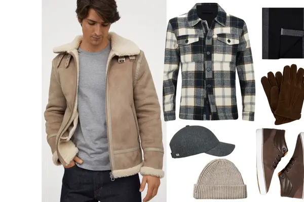 kollasj av mann med høstjakke, rutete flanellskjorte, brune hansker, brune sko, grå caps, hvit lue