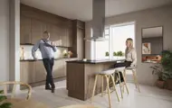 Illustrasjon av kjøkken med en mann og en kvinne fra boligprosjektet Skårerløkka PREMIUM i Lørenskog.