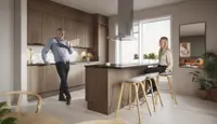 Illustrasjon av kjøkken med en mann og en kvinne fra boligprosjektet Skårerløkka PREMIUM i Lørenskog.
