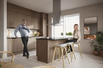 Illustrasjon av kjøkken med en mann og en kvinne fra boligprosjektet Skårerløkka PREMIUM i Lørenskog.