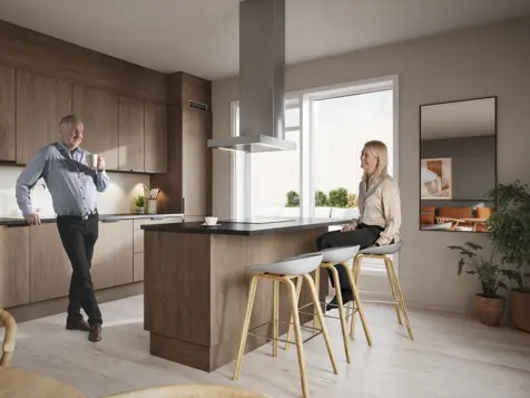 Illustrasjon av kjøkken med en mann og en kvinne fra boligprosjektet Skårerløkka PREMIUM i Lørenskog.