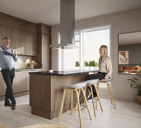 Illustrasjon av kjøkken med en mann og en kvinne fra boligprosjektet Skårerløkka PREMIUM i Lørenskog.