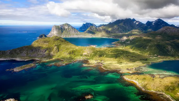 View from Offersoykammen on Vestvagoy in Lofoten, Nordland, Norway, with Vagjebukta, Vikbukta and Hauklandstranda (Haukland Beach)