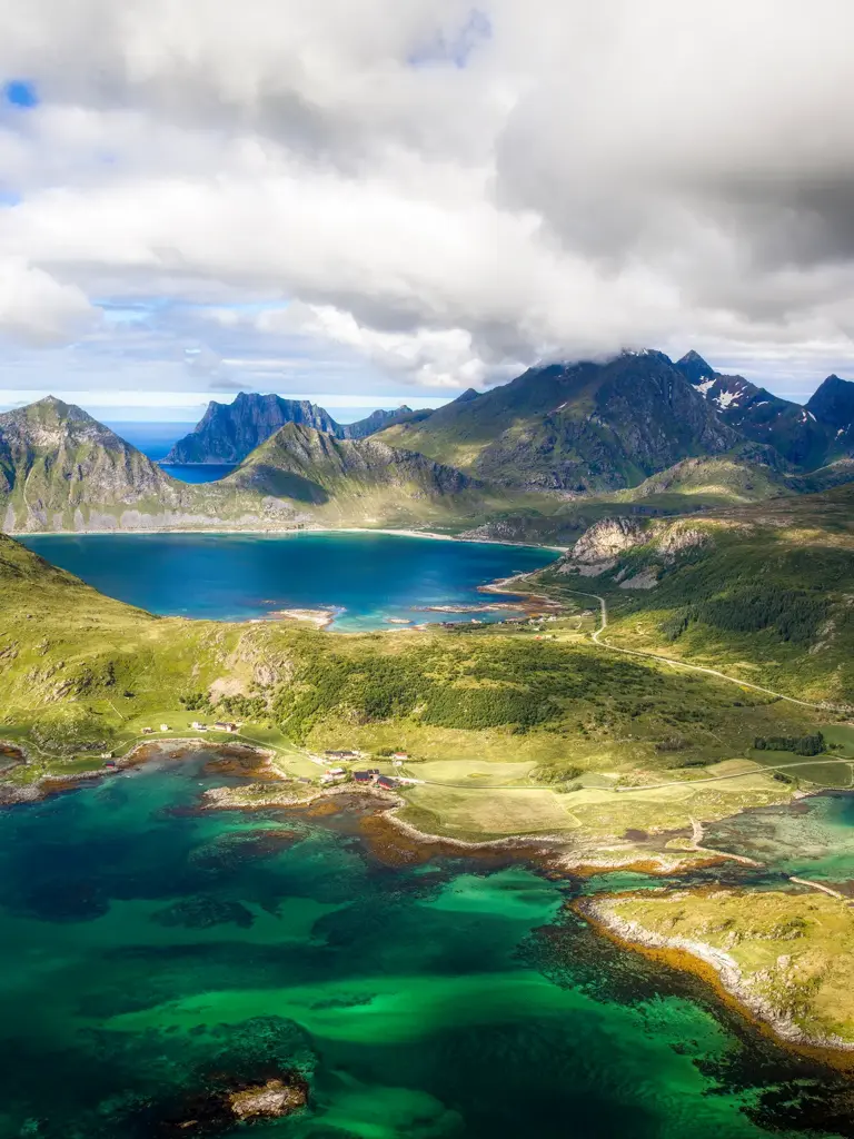 View from Offersoykammen on Vestvagoy in Lofoten, Nordland, Norway, with Vagjebukta, Vikbukta and Hauklandstranda (Haukland Beach)