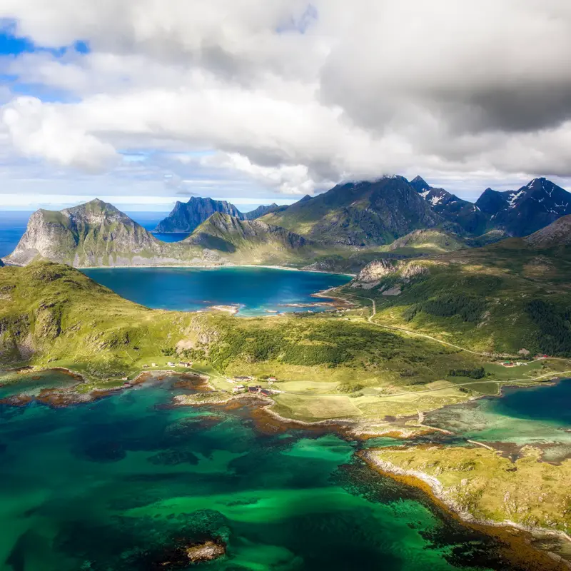 View from Offersoykammen on Vestvagoy in Lofoten, Nordland, Norway, with Vagjebukta, Vikbukta and Hauklandstranda (Haukland Beach)