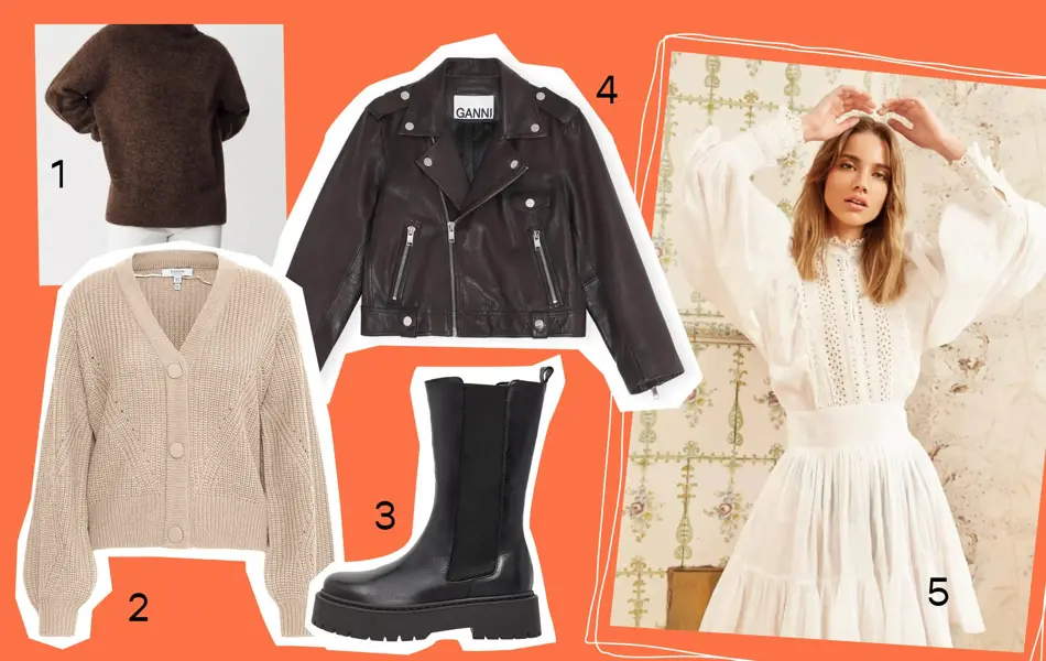 Kollasj av kjole, skinnjakke og boots 