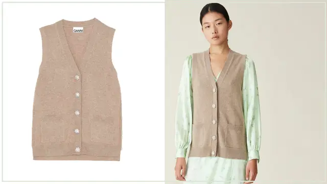 Kollasj av produktbilde av vest og modell med beige vest med pastellgrønn skjorte under