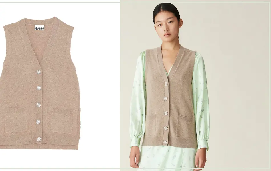 Kollasj av produktbilde av vest og modell med beige vest med pastellgrønn skjorte under