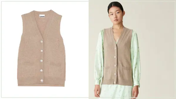 Kollasj av produktbilde av vest og modell med beige vest med pastellgrønn skjorte under