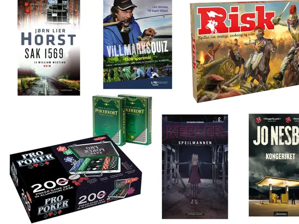 kollasj av forskjellige produkter: boka "sak 1569", boka "villmarksquiz", brettspillet risk, poker