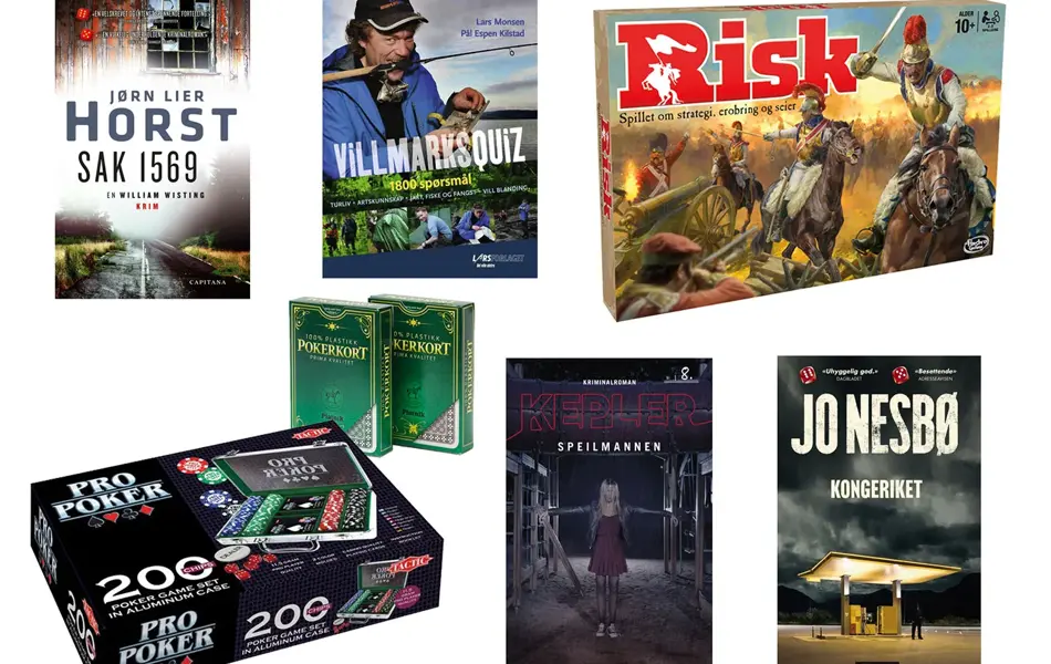 kollasj av forskjellige produkter: boka "sak 1569", boka "villmarksquiz", brettspillet risk, poker