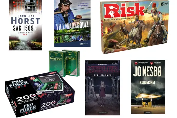 kollasj av forskjellige produkter: boka "sak 1569", boka "villmarksquiz", brettspillet risk, poker