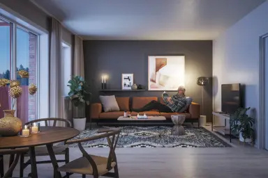 Illustrasjon av en mann som sitter og leser et blad i en stylet stue i en leilighet på Skårerløkka Premium.