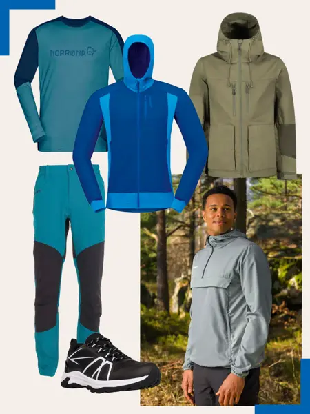 Blå Norrøna ulltrøye, blå fleecejakke, grønn turjakke, turbukse, tursko og mann i grå anorakk.