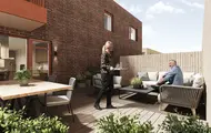 Illustrasjon av en kvinne som bærer et brett ut til en mann som sitter ute på en terrasse i en leilighet på Skårerløkka Premium.