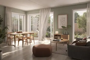 Illustrasjon av leilighet med stue ut mot balkong på Heggedal Hage