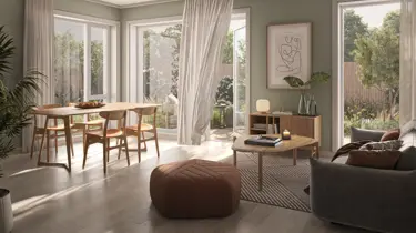 Illustrasjon av leilighet med stue ut mot balkong på Heggedal Hage