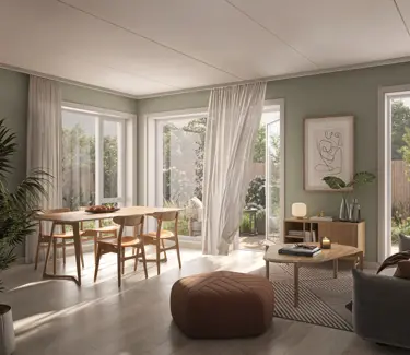 Illustrasjon av leilighet med stue ut mot balkong på Heggedal Hage