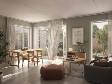 Illustrasjon av leilighet med stue ut mot balkong på Heggedal Hage