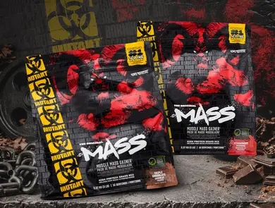 Two Mutant Mass gainer bags in chocolate and strawberry banana flavors.