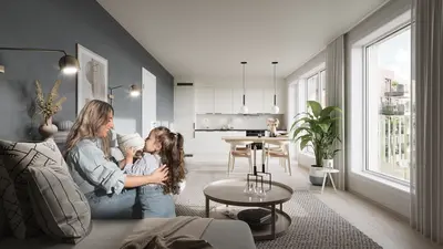 Illustrasjon av en kvinne og et barn som sitter i en stylet stue i en leilighet på Skårerløkka Premium.