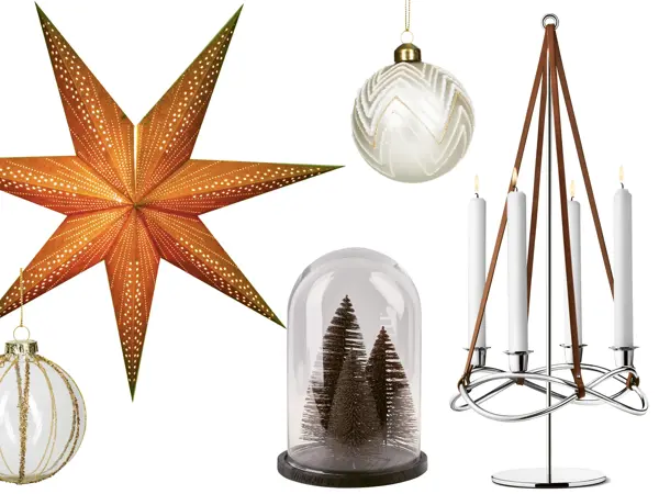 kollasj av produktbilder, adventsstjerne, julekule, juletrepynt, adventsstake