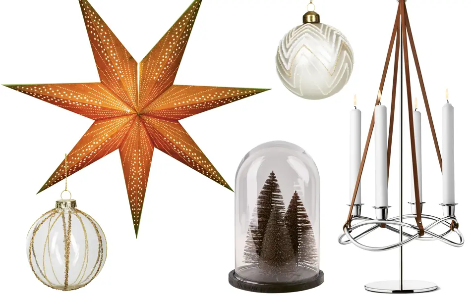 kollasj av produktbilder, adventsstjerne, julekule, juletrepynt, adventsstake