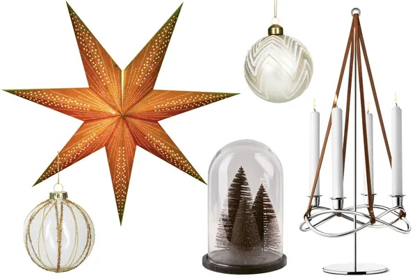 kollasj av produktbilder, adventsstjerne, julekule, juletrepynt, adventsstake