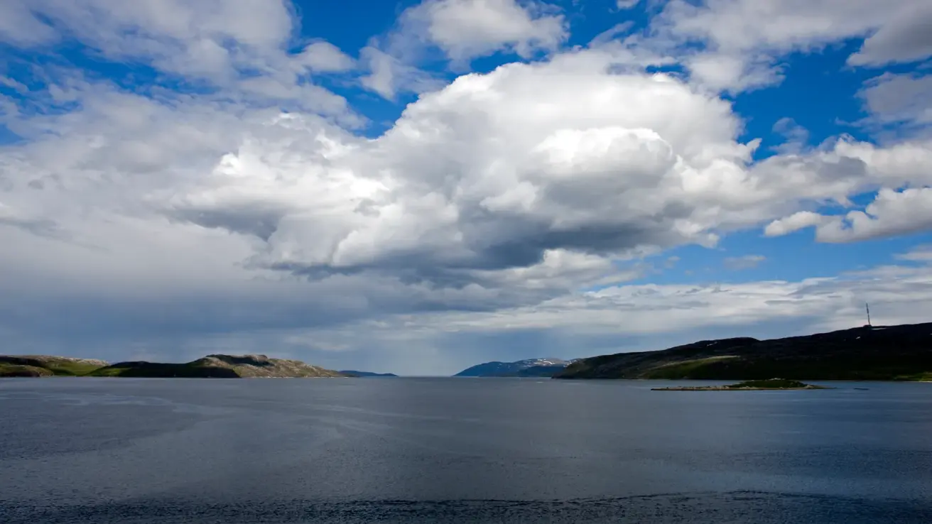 View of the entrance of the harbour at Kirkenes, the final port of call of the coastal express and the northern end of Norway.