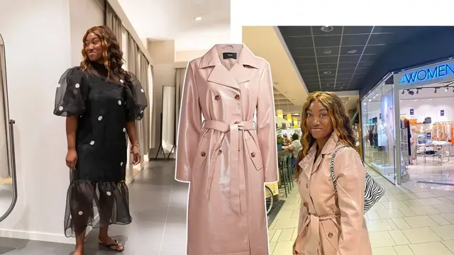 Collage av bilder av ung kvinne i moteriktige klær