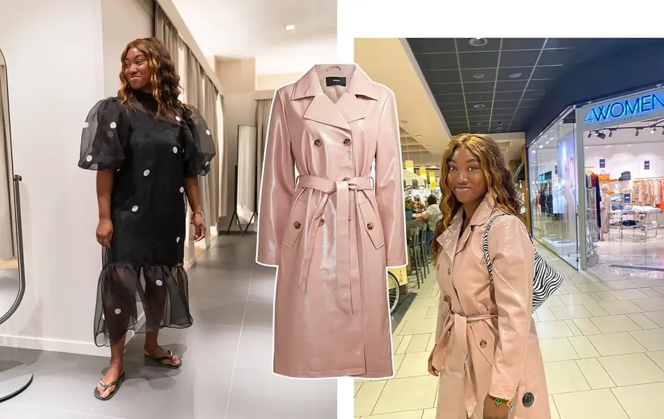 Collage av bilder av ung kvinne i moteriktige klær