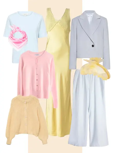 Lyseblå t-skjorte, rosa mønstret halstørkle, gul lang kjole, lyseblå kort dressjakke, gul hårklype, lyseblå linbukse, gul strikkejakke, rosa cardigan.