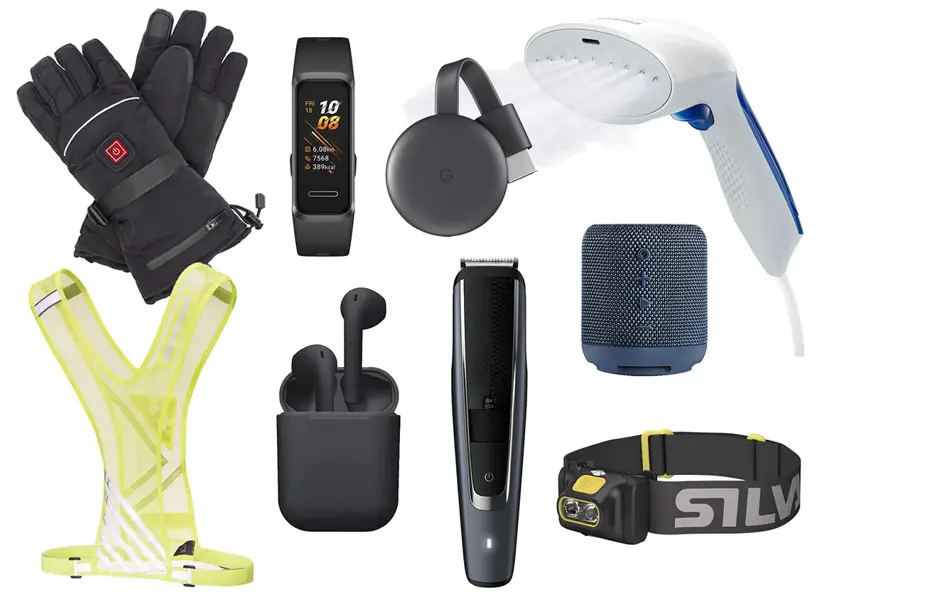 kollasj av forskjellige produkter: hansker, refleksvest, pulsklokke, øretelefoner, barbarmaskin, hodelykt, mini-høyttaler