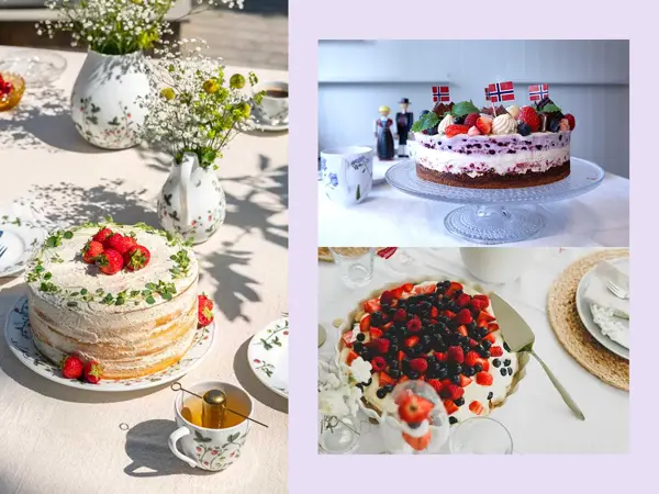 Dekket bord med vaser med blomster og en kake med jordbær. Kake på kakefat, kake med bær og kakespade på siden av fatet.