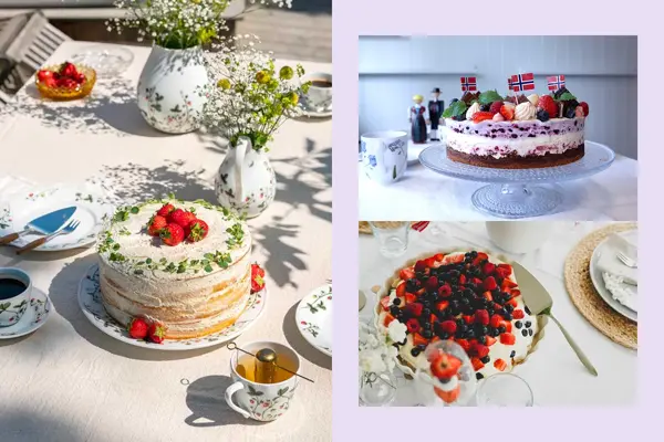 Dekket bord med vaser med blomster og en kake med jordbær. Kake på kakefat, kake med bær og kakespade på siden av fatet.