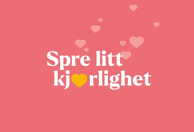 Grafisk bilde med teksten "Spre litt kjærlighet" og hjerter