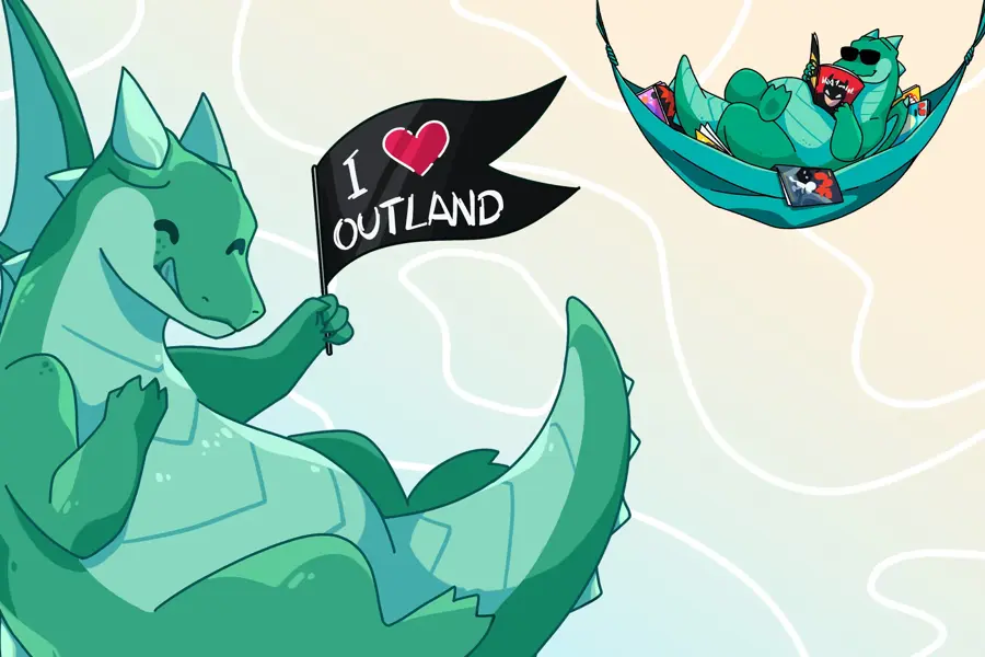 to grønne drager som smiler og en som leser tegneserie i hengekøye