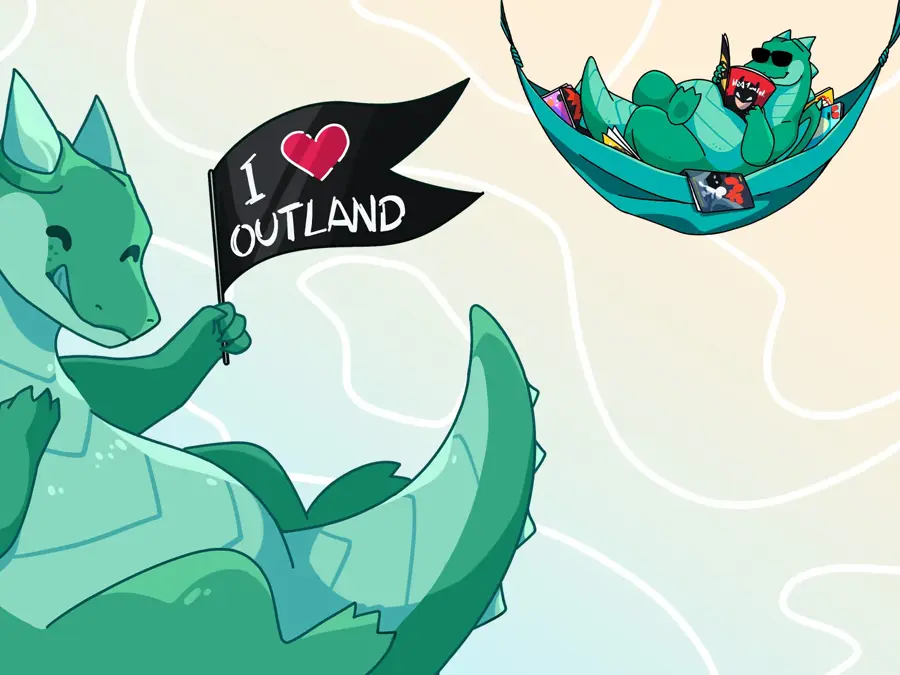 to grønne drager som smiler og en som leser tegneserie i hengekøye