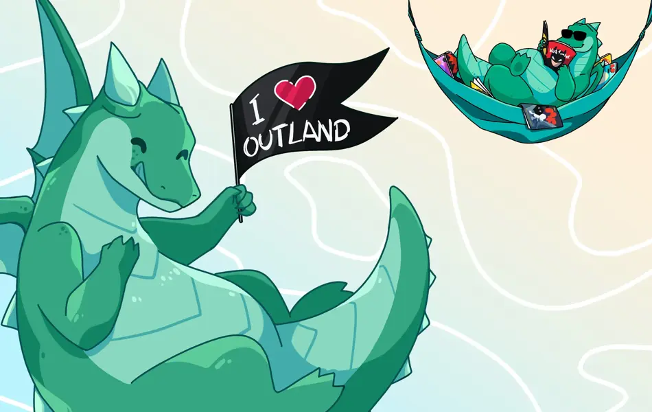 to grønne drager som smiler og en som leser tegneserie i hengekøye